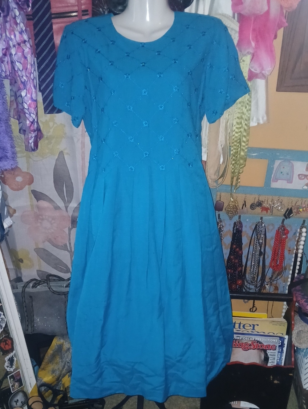 90s Vintage Sarah Elizabeth Teal Blue Embroidered Beaded Short-Sleeve Dress 10